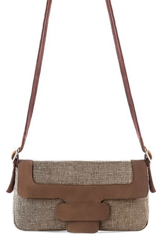 Tan beige and chocolate brown women's dress handbag, matching pumps and belts. Top view - Florence KOOIJMAN